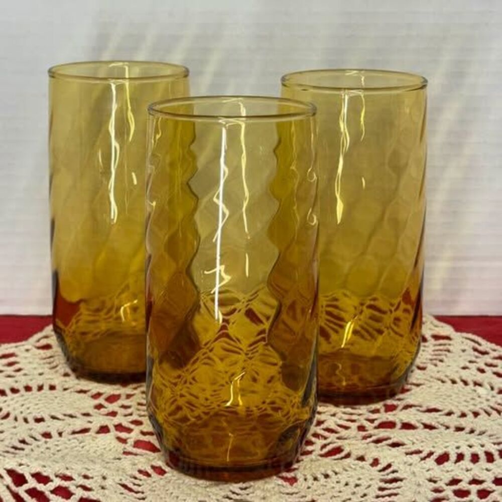 Vintage Libbey Amber Honeycomb Dimple Glass Tumblers - Set of 3